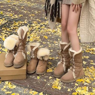 Модные зимние теплые плюшевые хлопковые туфли женские на открытом воздухе на шнуровке повседневные зимние ботинки противоскользящие этнические толстые подошвы мягкие длинные ботинки 2024