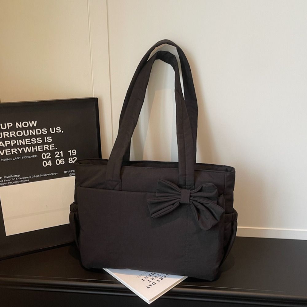 Korean Style Cotton Padded Shoulder Bag Large Capacity Nylon Handbag Cute Bow Tote Bag Daily