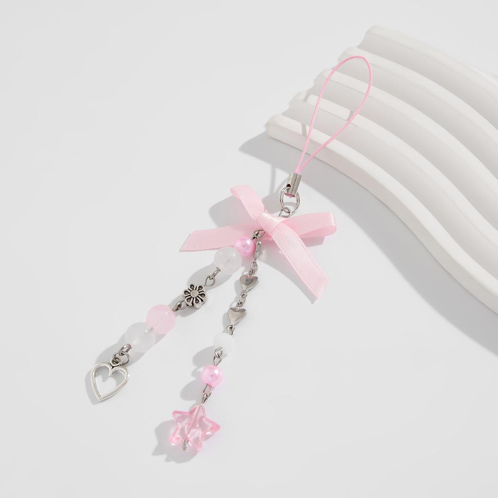 Fashion Sweet Y2K Girls Ribbon Bow Beaded Keychain Alloy Love Heart Star Rabbit Strawberry Pendant Pearls Glass Beads Chains Jewelry Accessories