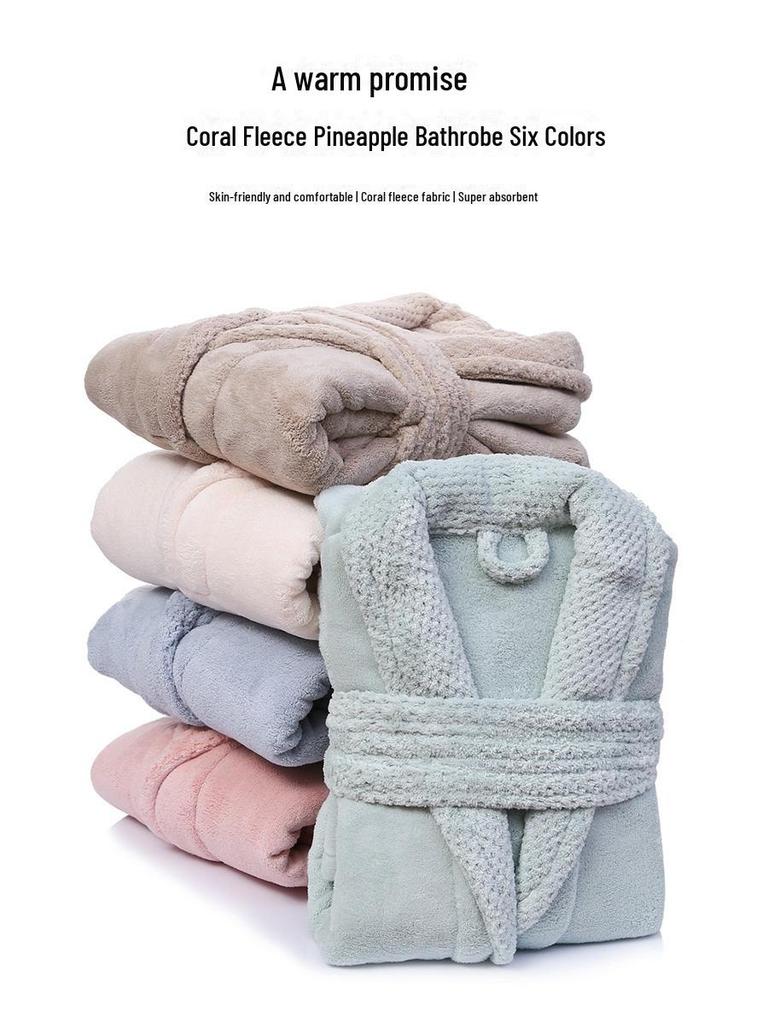 Women's Pineapple Plaid Coral Fleece Bathrobe - Absorbent, Long, Lapel Design, Perfect for Home, Hotel, or Morning Wear