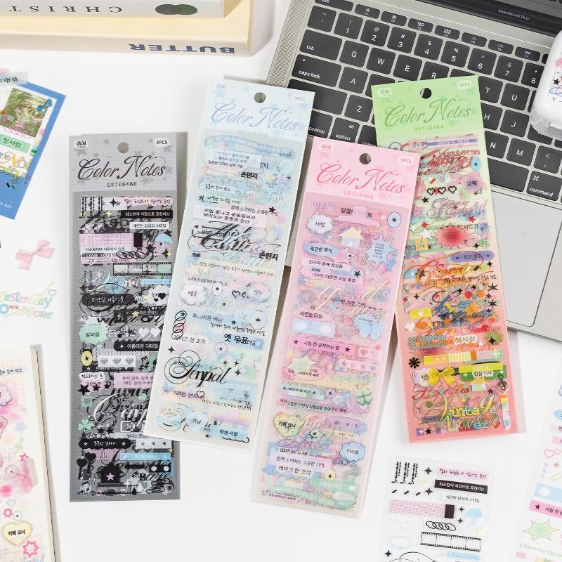 3pcs/set Korean Fashion Color Notes Stickers Basic Cute Elements for Journaling Diary Decals for Students DIY Scrapbooking