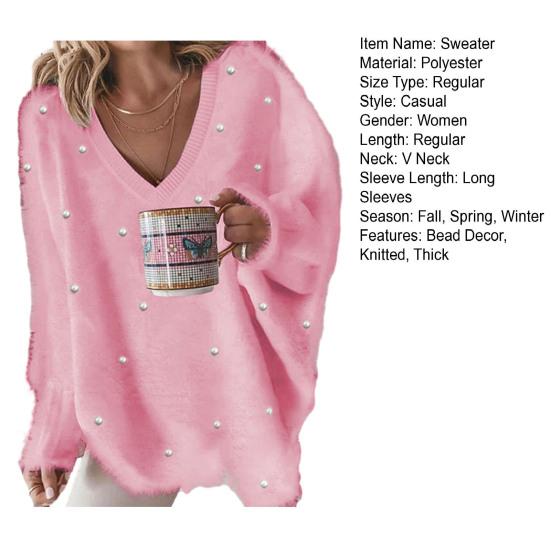 Женский осенне-зимний свитер, утолщенный плюшевый свитер с длинными рукавами, декор из бисера, свободный однотонный мягкий пуловер с v-образным вырезом, вязаный женский свитер, топ