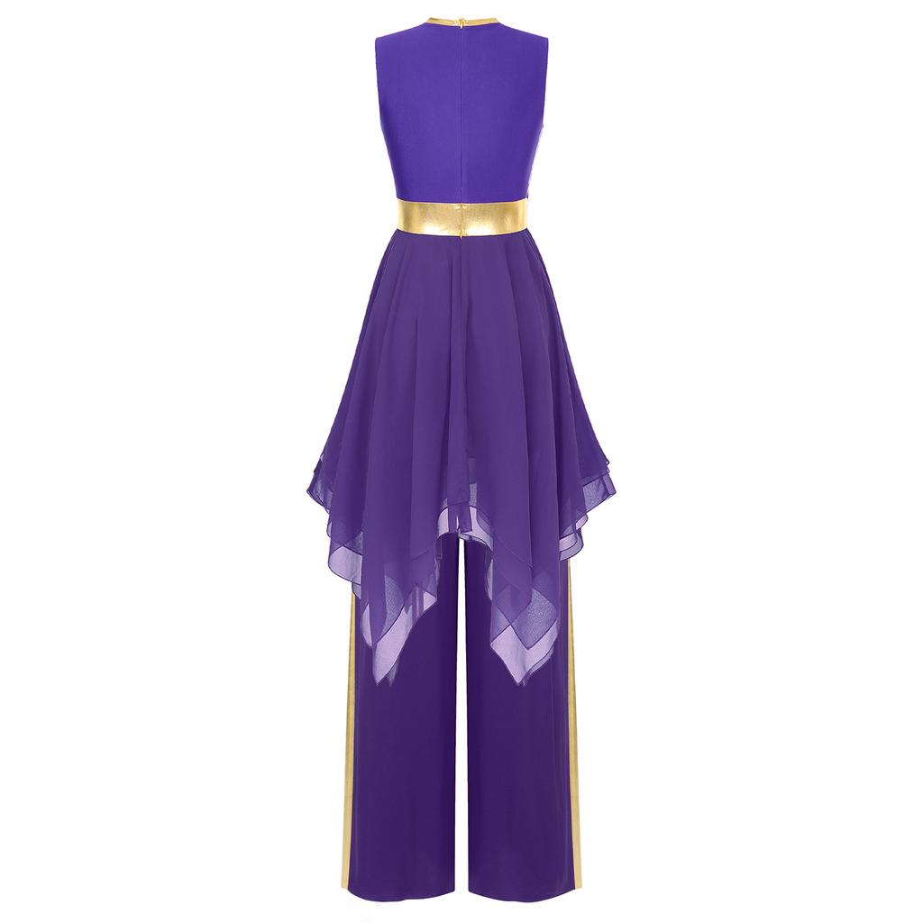 Женский костюм для современного танца, платье с неровным подолом и цветными блоками, металлизированная пэчворк, брюки широкого кроя, танцевальная одежда