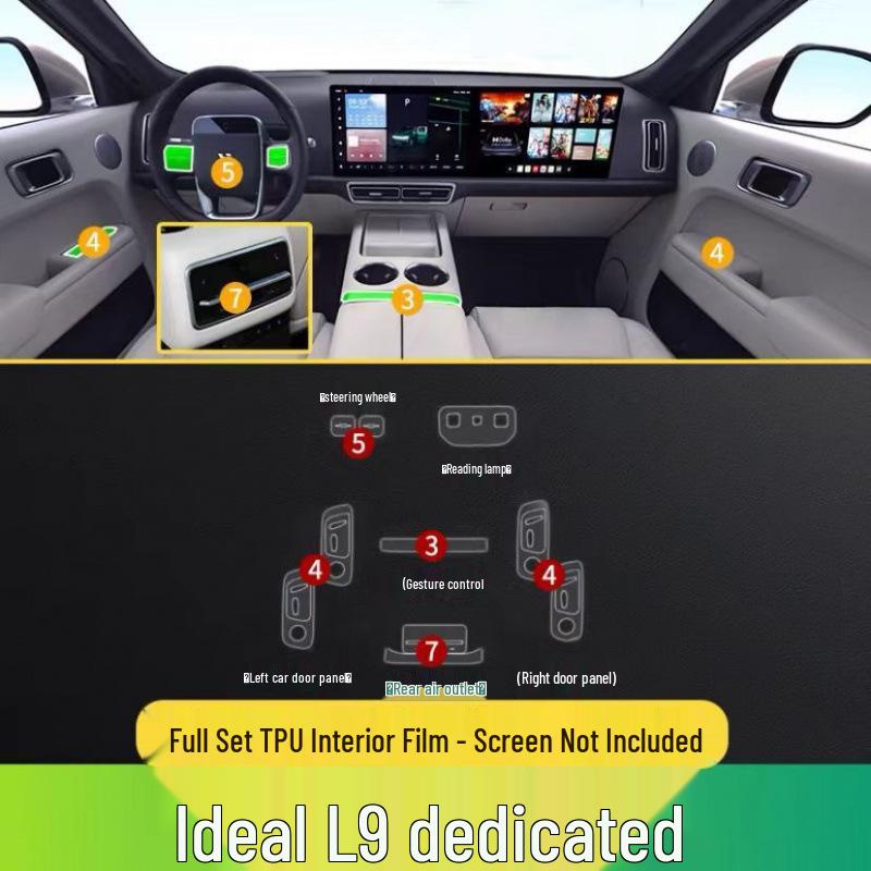 Пленка для салона, совместимая с 25 моделями Li Auto L8/L9: Рычаг переключения передач, Центральная панель управления кондиционером, Прозрачный TPU-защититель приборной панели