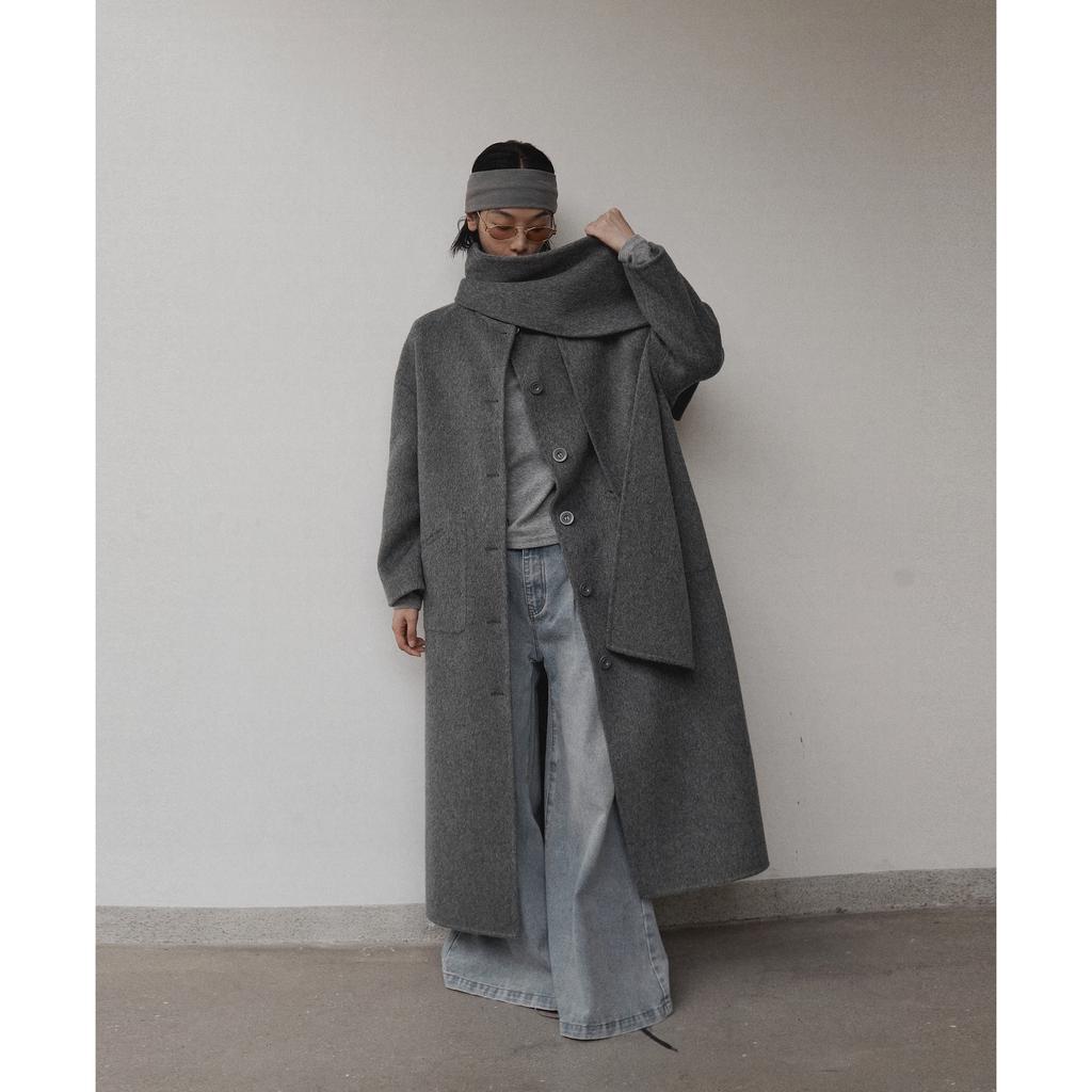 Lazy Style 100% Wool Coat for Women Winter Round Neck Double-sided Woolen Scarf Coat