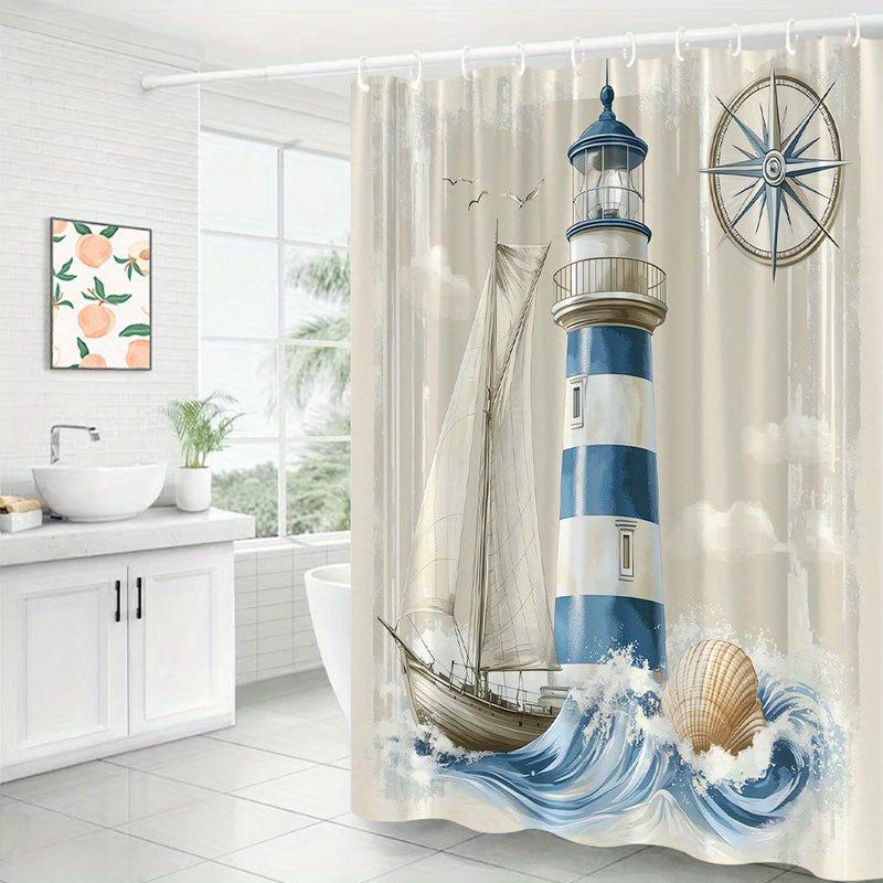 Nautical Lighthouse Ocean Sea Shower Curtain Beach Decor Coastal Bathroom Art Sailboat Marine Waterproof Curtain Shower Liner