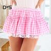 Mini Skirt Mid-rise Elastic Waist Plaid Print Lace Stitching Ruffle Short Skirt A-Line Halloween Cosplay Role-Playing Skirt