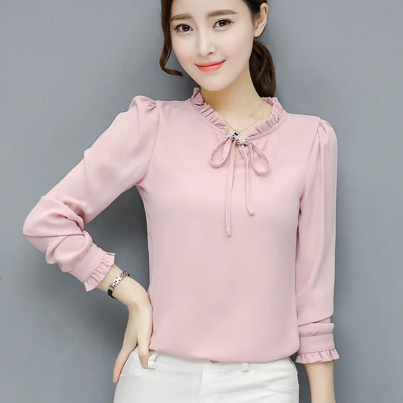 Весенне-осенние женские шифоновые топы для офисной работы, женские модные рубашки со стоячим воротником, пышные блузки с длинными рукавами, розовый, белый топ-рубашка