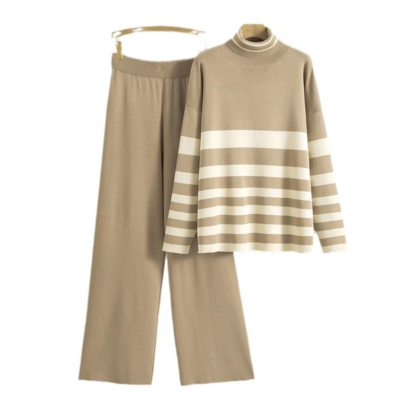 Плюс размер женский весенний новый водолазка свободный повседневный модный полосатый трикотажный костюм из двух частей