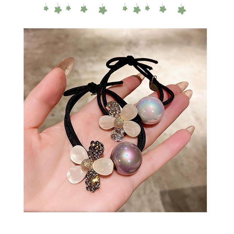 Korean Fashion Flower Cat's Eye Stone Double Strand Hair Rope Pearl Hair Tie Women Ponytail Bun Daily Hair Accessories