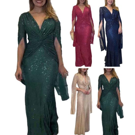 Женское вечернее платье с разрезом на рукавах, глубокий V-образный вырез, блестящие пайетки, облегающее, с узкой талией и узлом, плиссированное, полная длина, сплошной цвет, женское платье для выпускного банкета, макси