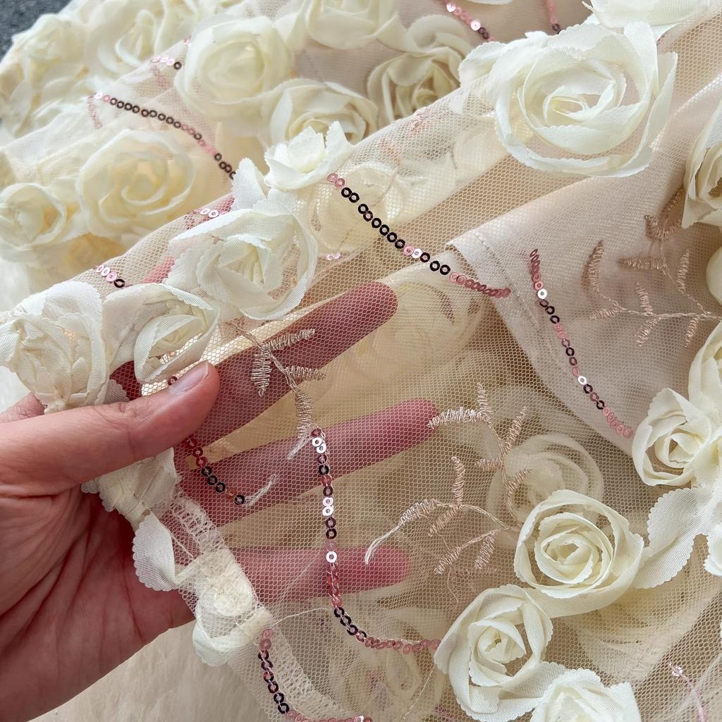 Summer Elegant Fairy Sequined Embroidery Flower Dress Women Chic Mesh Floral Lace Up Midi Evening Birthday Party Dresses