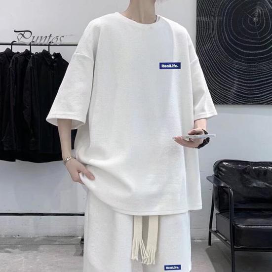 Мужской комплект из 2 предметов, повседневный спортивный костюм, шорты, летний свободный спортивный костюм с коротким рукавом, спортивный комплект, домашняя одежда с вафельной текстурой, подходящий костюм