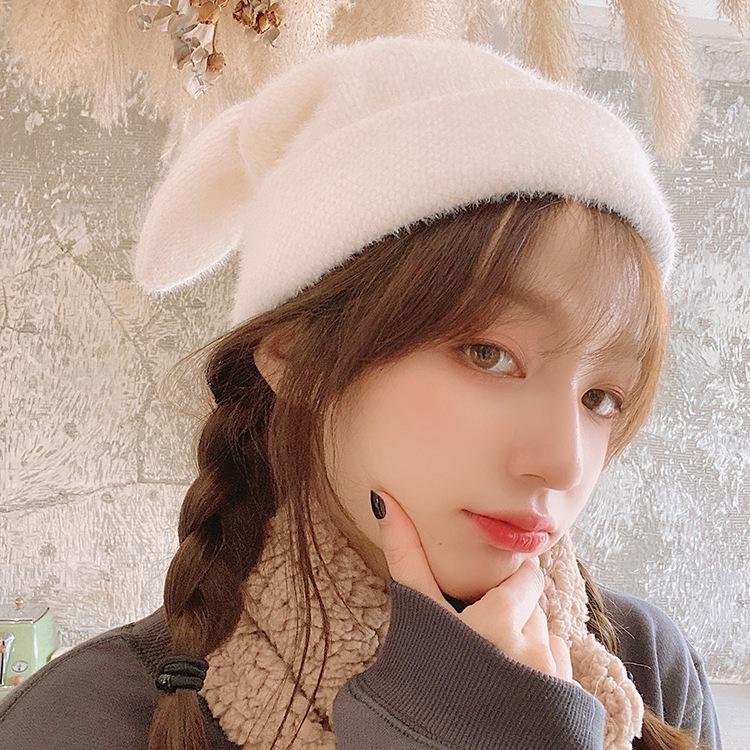 Универсальная милая шапка с ушками кролика, теплая зимняя шапка для девочек, студентов-художников, плюшевый берет