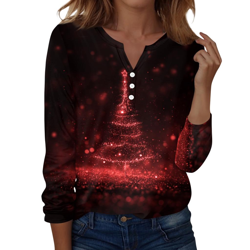 Women's Fashion Casual H Printed V-Neck Long Sleeve Decorative Button T-Shirt Tops