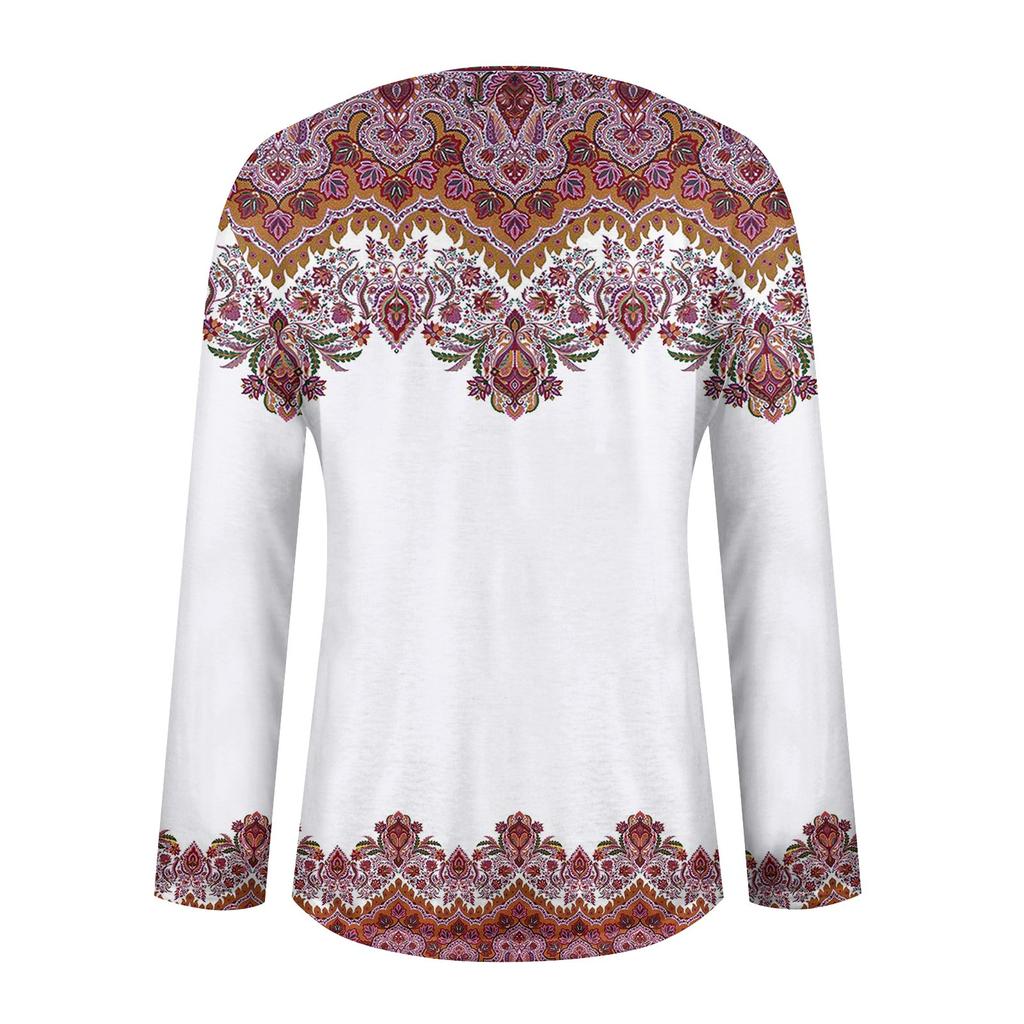 Women's Long Sleeved Retro Floral Print V-neck Top T-shirt