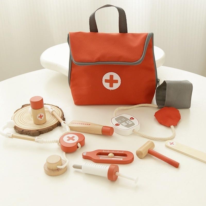 Wooden Pretend Play Red Doctor's Kit Educational Toys for Children Medical Simulation Medicine Chest Set for Kids Role Playing
