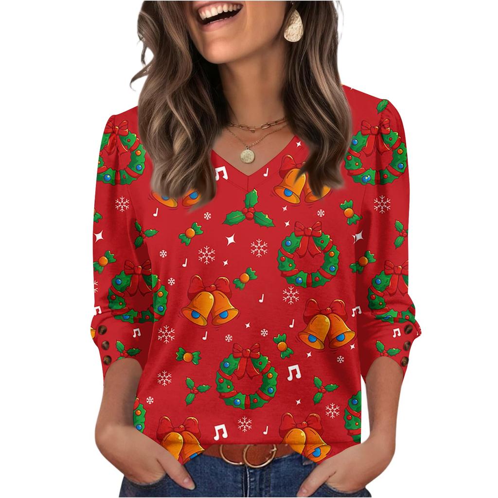 Women's Fashionable Casual Christmas Printed V-neck Top