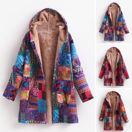 Women Winter Coat Vintage Ethnic Printing Patchwork Plush-lined Hooded with Pockets Mid Length