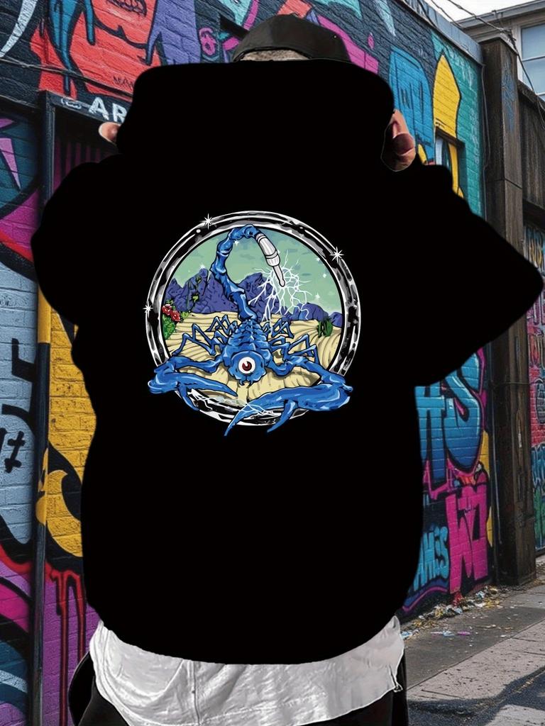 Sci-Fi Blue Scorpion Graphic hoodie - Casual Trendy Pullover with Kangaroo Pocket