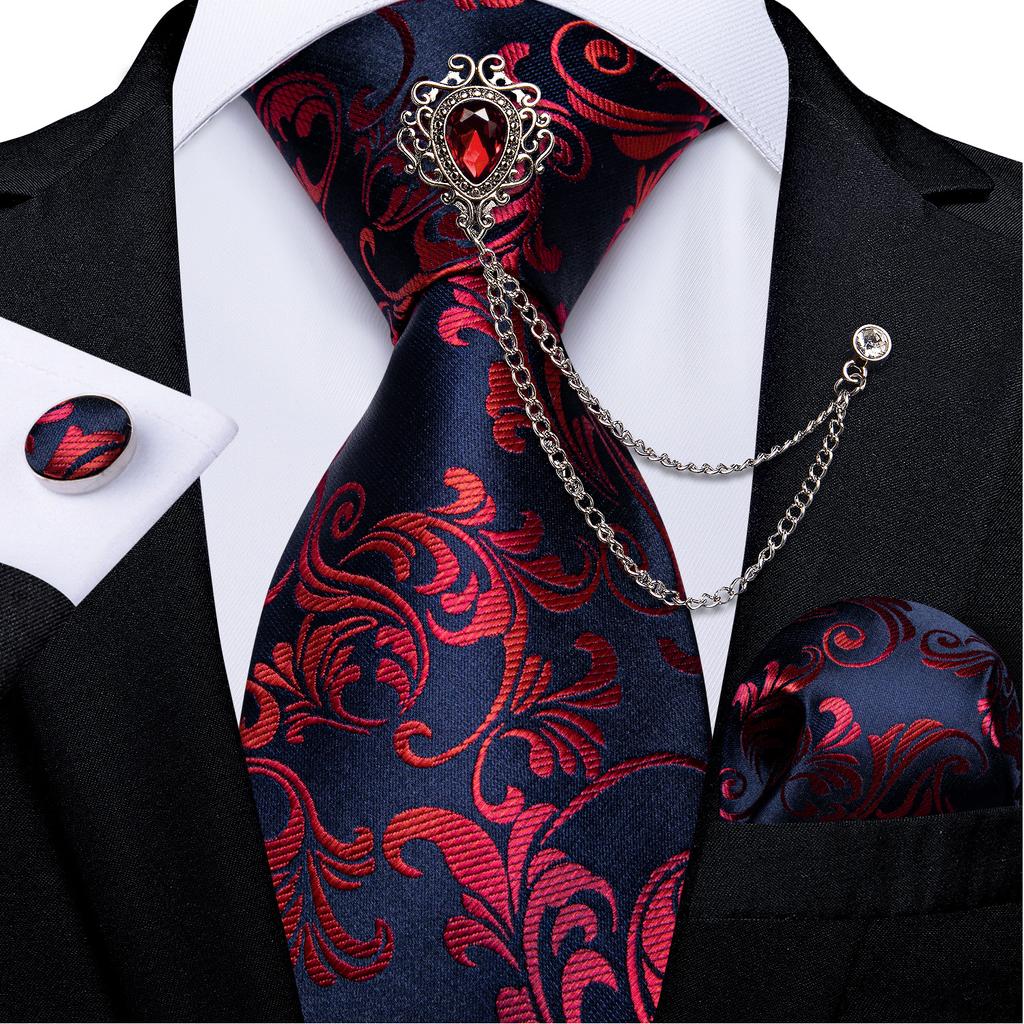 Paisley Tie for Men Necktie Silk Hanky Cufflink Set with Tie Ring Chain Brooch for Wedding Party
