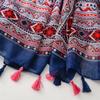 Boho Chic Floral Print Tassel Scarf for Women - Lightweight Polyester, Windproof & Sun-Protective Shawl with Ethnic Patterns