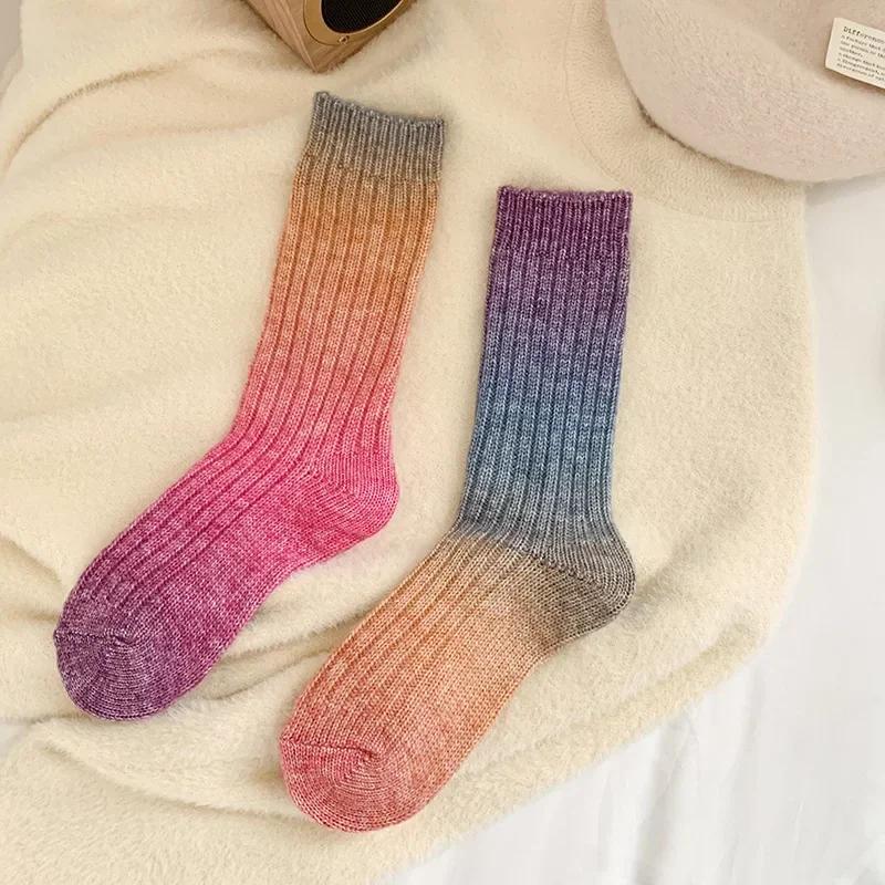 Winter Thick Warm Long Socks Gradient Wool Cashmere Kawaii Socks Women Thermal Floor Sleeping Socks New Year Gift Autumn 2024