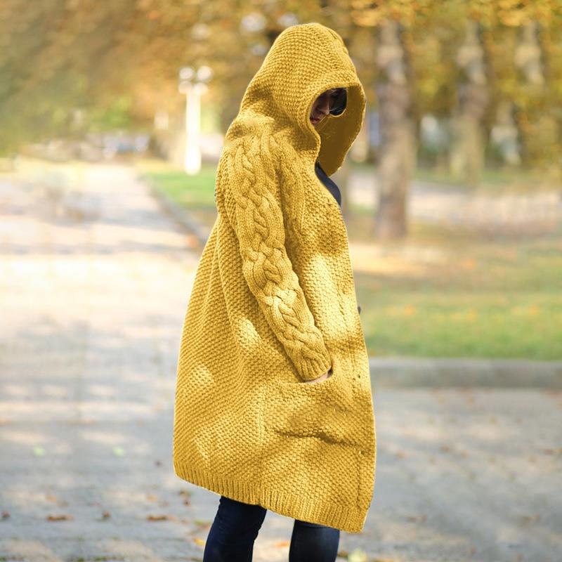 Women Winter Fashion Long Sleeve Solid Color Knitted Hooded Sweater Cardigan Open Front Long Cardigan