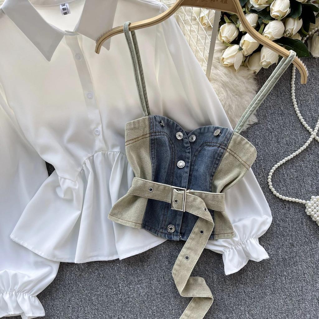 Korean Series Wear Age-Reducing Set Retro Denim Cami Stacked All-Matching Puff Sleeve Shirts Two-piece Set Top