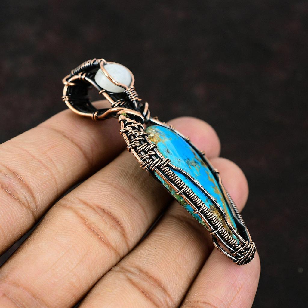 Arizona Turquoise Copper Pendant Copper Wire Wrapped Jewelry Gemstone Wire Jewelry Rainbow Moonstone Jewelry Designer Pendant Gift For Her