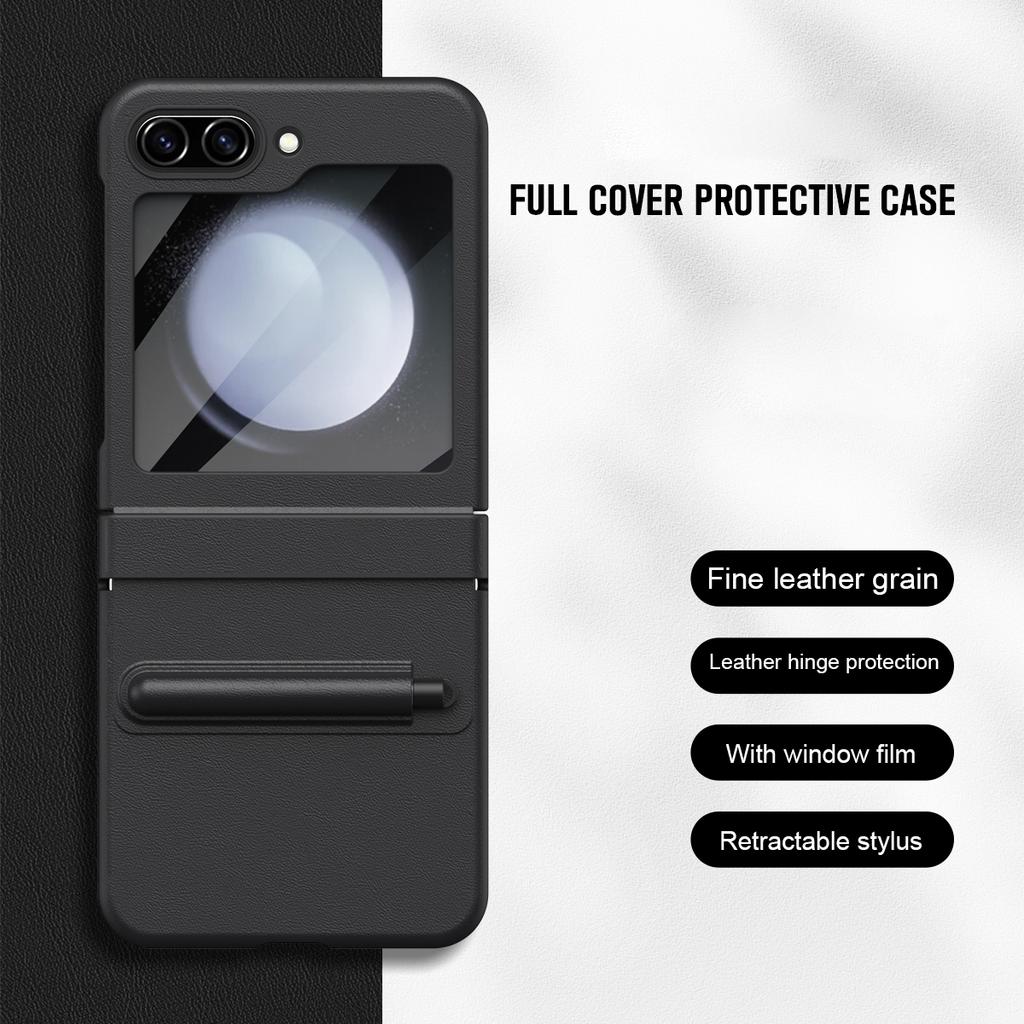 For Samsung Galaxy Z Flip7 FE 5G/Flip6 5G Hinge PU Leather PC Phone Cover with Stylus/Tempered Glass Film