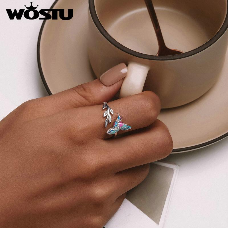 WOSTU 925 Sterling Silver Hummingbird Open Ring Colorful Enamel Bird Adjustable Rings With Zircon Eyes Nature Jewelry for Women