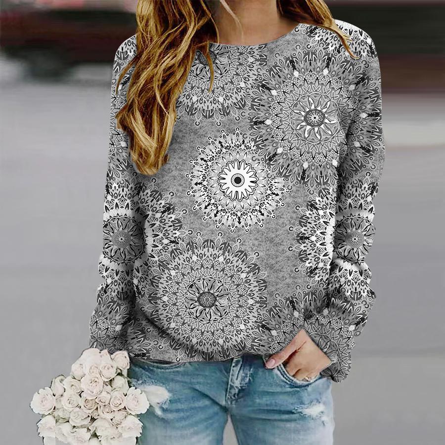 Tops For Women Dopamine Gear Print Round Neck Long Sleeve T-shirt Fall Casual Slim Pullover Women's Long Sleeve Top