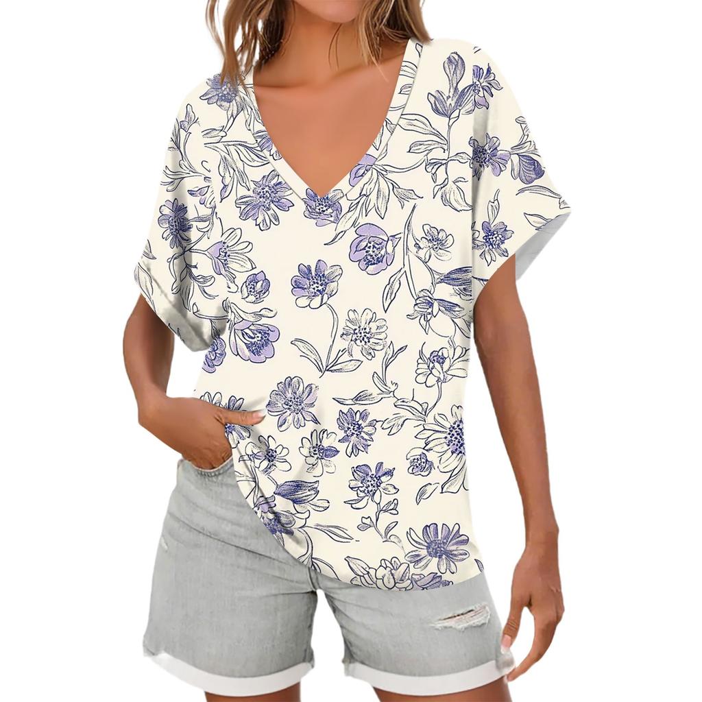 Womens Short Sleeve V-Neck Shirts Floral Print Loose Casual Basic Tees Summer Tops