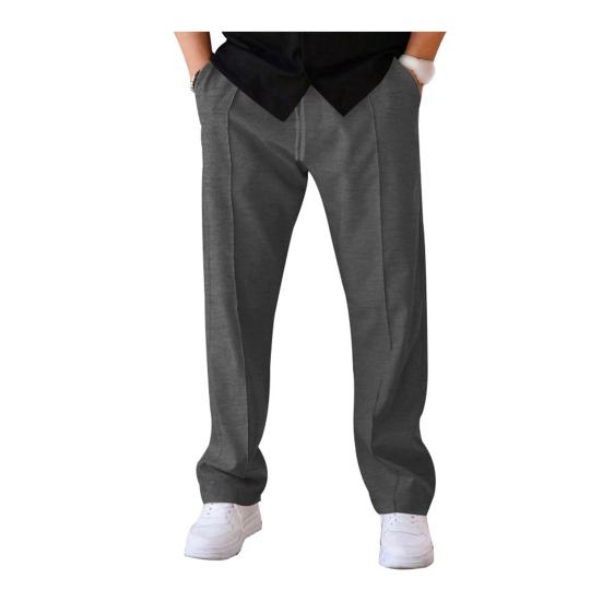 Men Straight Sweatpants Drawstring Elastic Waist Wide Leg Solid Color with Pockets