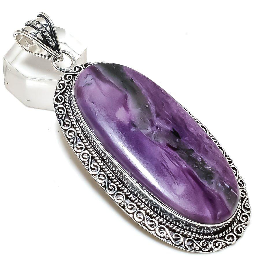Russian Charoite Gemstone 925 Sterling Silver Jewelry Pendant 3.19"