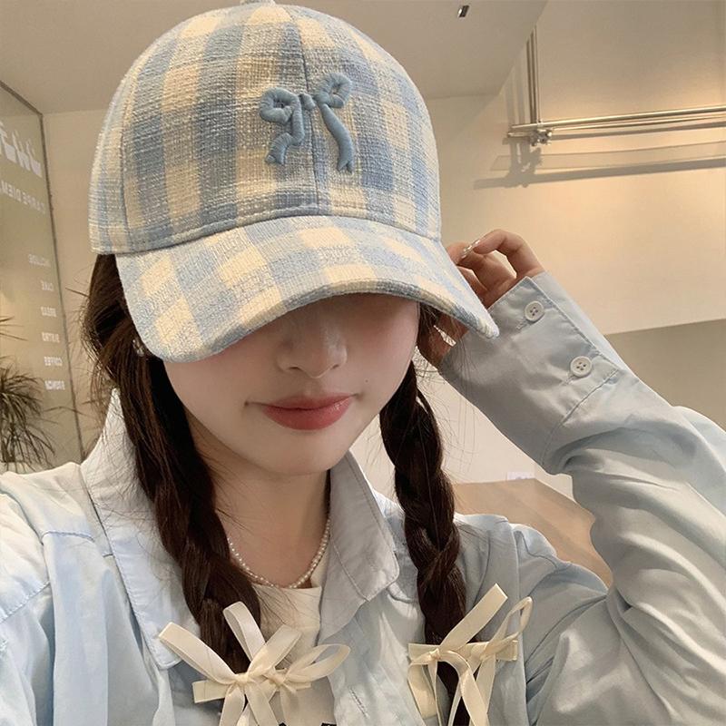 RICYGVM Embroidery Bow Baseball Hat Women Outdoor Sun Protection Visors Fashion Plaid Duckbill Cap Korean Girls Duck Tongue Caps