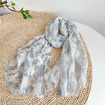 Scarf Women Linen Blue Flower Long Breathable Summer Sun Protection Neck Wrap Shawl Breathable Accessory For Spring Autumn