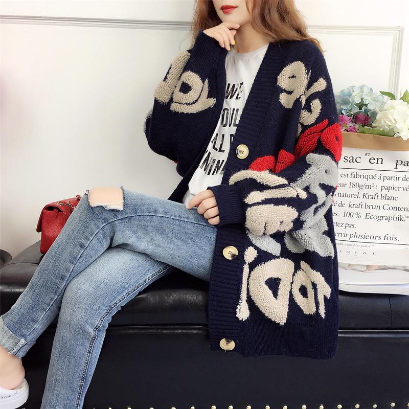 Новый свободный вязаный кардиган в корейском стиле: Осень/Зима, Контрастный дизайн букв, Повседневный женский свитер
