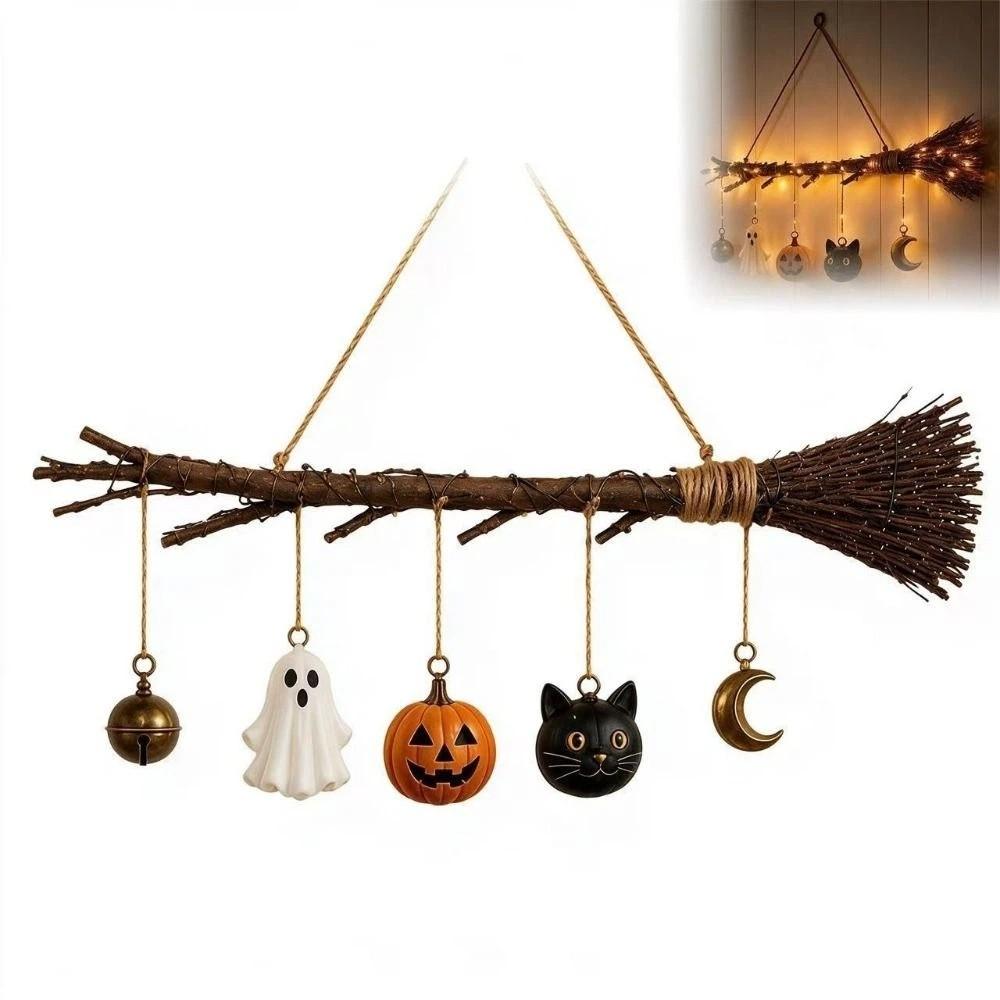 Glowing Witch Broom Wall Decoration Warm Color Wall Mount Decor Halloween Wall Art Party Decor
