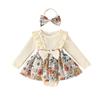 Baby Girl Fall Outfit, Flower Print Ruffle Trim Long Sleeve Romper Dress Bow Headband 2 Piece Set