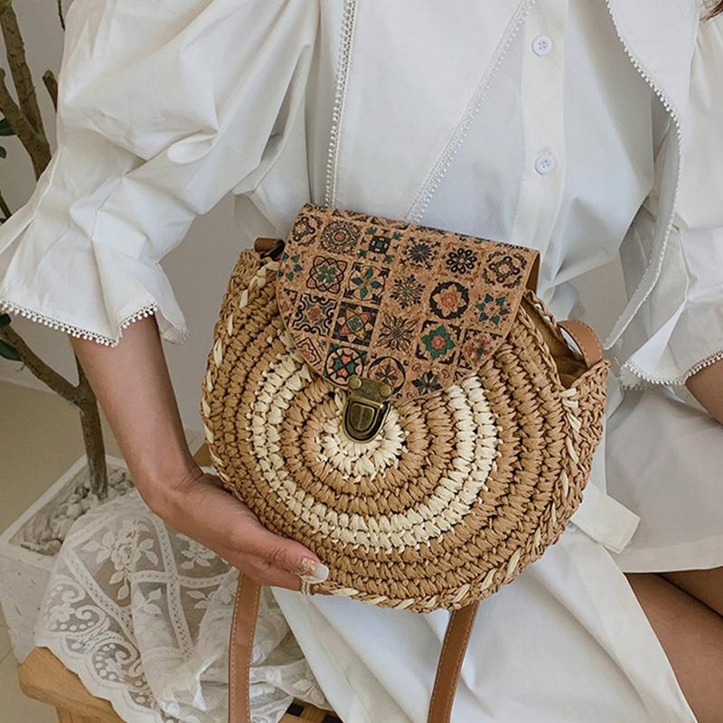 YOUHUAGUO Круглая соломенная сумка, женская тканая пляжная сумка через плечо, женская сумка из ротанга ручной работы на плечо, маленькая сумка в богемном дизайне