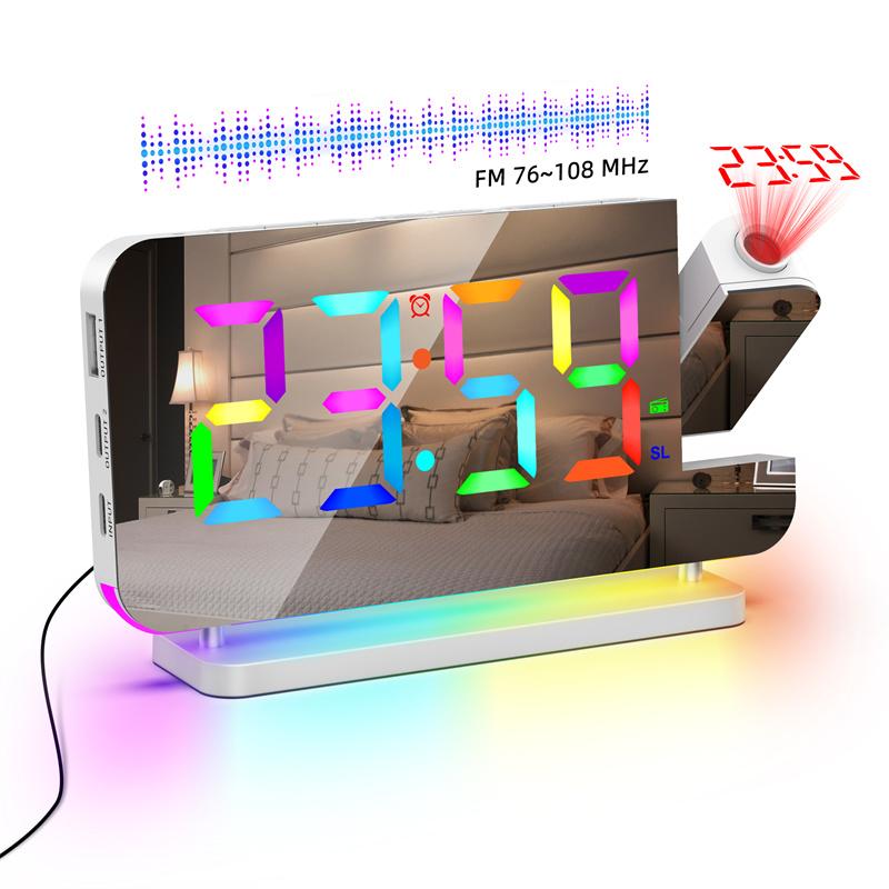 Проекционные часы с будильником 180° и RGB-подсветкой, FM-радио, 6 уровней громкости, Настольные часы, 12/24-часовой формат, 2 USB-порта, Цифровой LED-часы