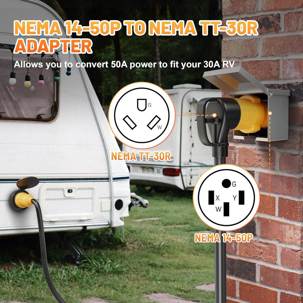 MECMO 50 Amp To 30 Amp RV Adapter, NEMA 14-50P To NEMA TT-30R 50A Male To 30A Female RV Plug Adaptor Connector, 4 Prong RV Power To 3 Prong