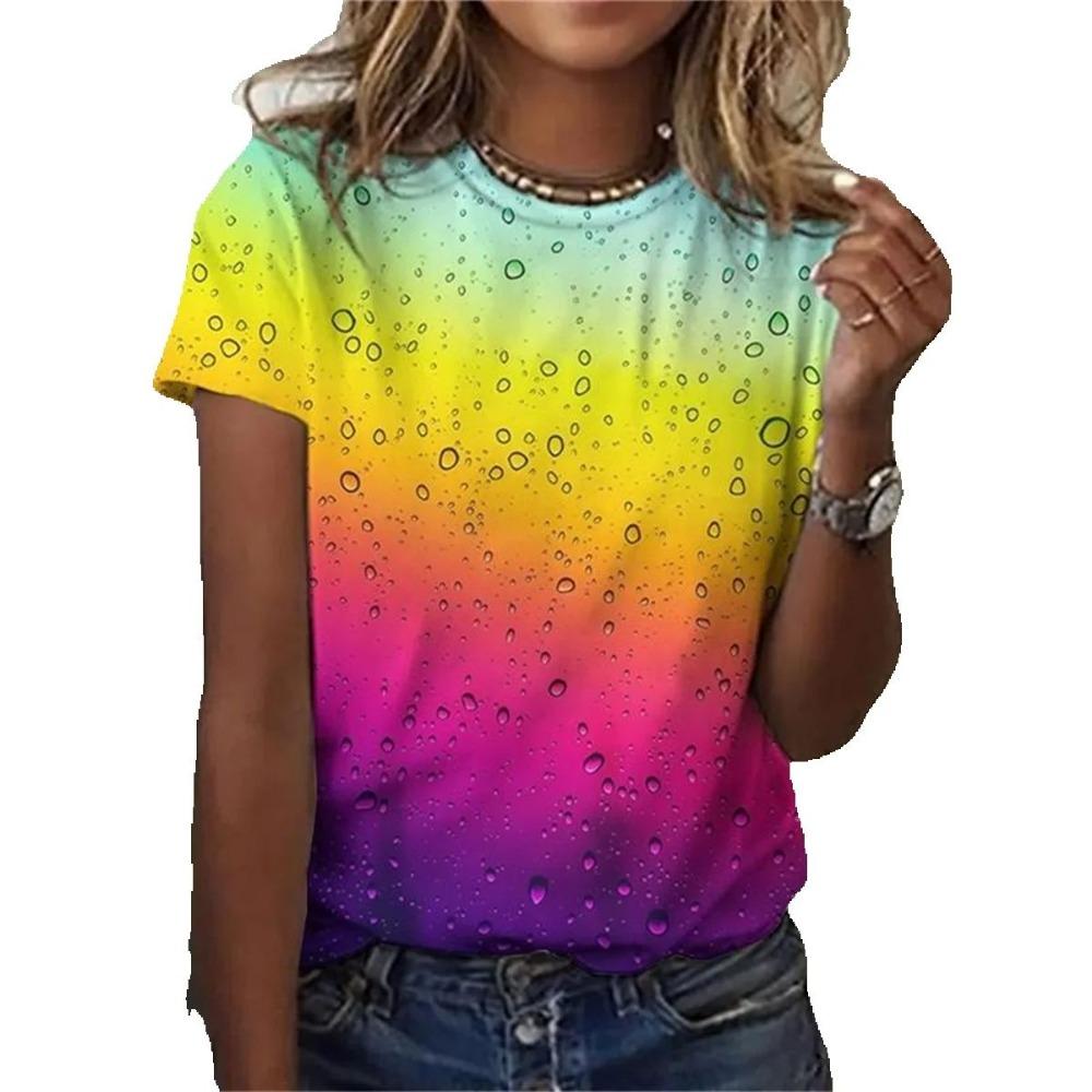 Женская одежда Харадзюку Повседневная Свободная Дышащая Летняя Футболка с Коротким Рукавом Индивидуальность Градиент Капли Воды 3D Принт