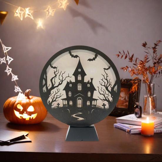 Halloween LED Lantern Wooden Desktop Light Witch Pumpkin Spider Cat Designs Silhouette Ornament Spooky Tabletop Home Party Decoration