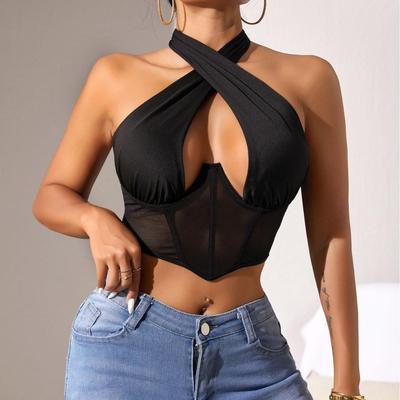 Европейский и американский сетчатый лоскутный халтер-бра, корсет на косточках с перекрестным дизайном.