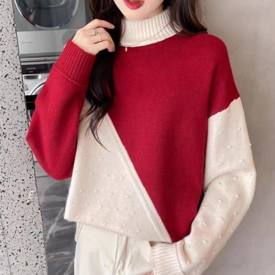 Осень-зима Модный стиль Женские цветные блоки с полувысоким воротом Свободные и универсальные повседневные женские свитера