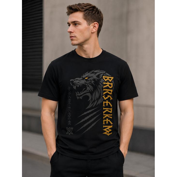men's black short sleeve crew neck t-shirt with fierce wolf graphic and berserkir rune print, soft cotton feel, streetwear style for casual daily
