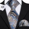 Hi-Tie Dark Gold Plaid Jacquard Mens Silk Tie Classic Necktie Cufflink Hanky Set